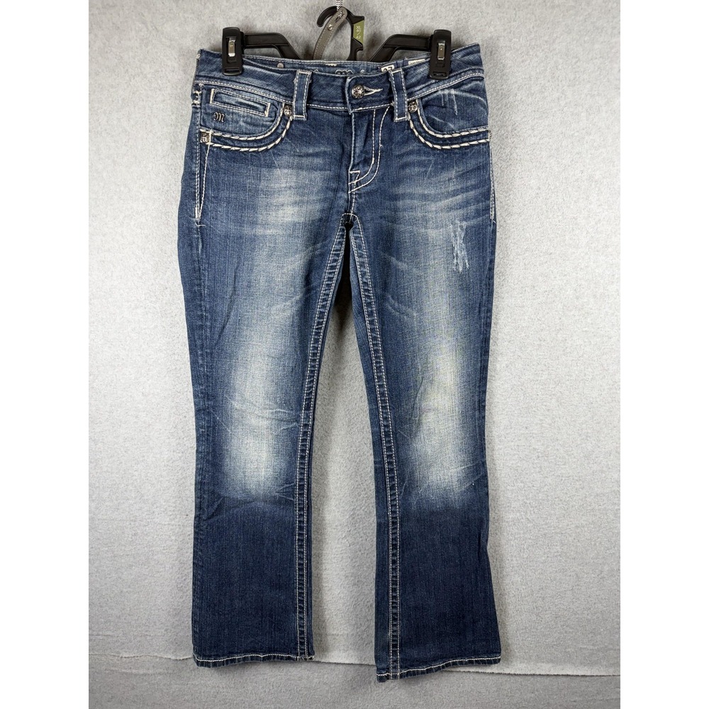 Miss Me‎ Bootcut Jeans Womens 27 Blue Distressed Embroidered Rhinestone Stretch